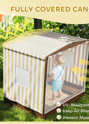 Kids Wooden Sandbox with Canopy Fully Covered, 2 Bench Seats, Bottom Liner, 56" x 40" x 52", Brown