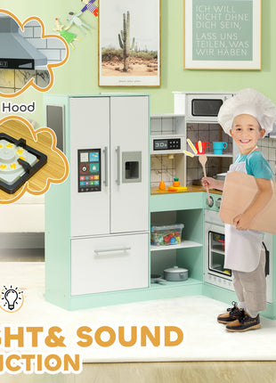 Play Kitchen, Corner Kids Kitchen Playset w/ Chalkboard, Range Hood, Ice Maker, Stove, Microwave, Sound & Lights