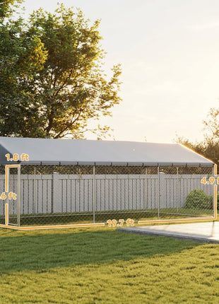 Heavy Duty Outdoor Dog Kennel with Waterproof Roof, 2 Secure Latches, Chain Link Dog Run for Backyard, 20' x 10' x 7'