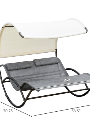 Outdoor Double Chaise Rocking Chair, Day Bed Sun Lounger with Canopy Shade, Headrest Pillow, Armrests for Garden, Poolside, Light Gray