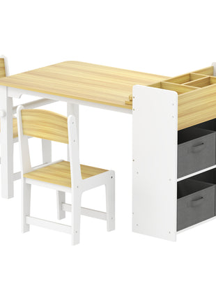 Kids Desk and Chair Set with Paper Roll, Kids Activity Craft Table with Storage Shelves and Drawers, Natural Wood