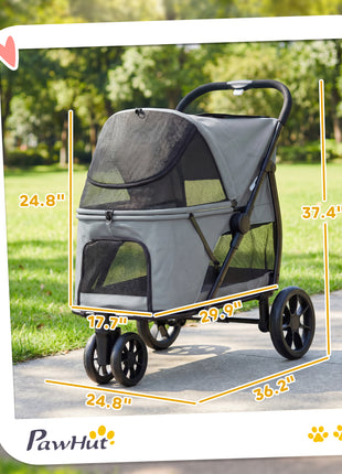 3 Wheel Pet Stroller with Easy One-Click Quick Fold, Mesh Window, Washable Cushion, for Medium Dogs, Gray