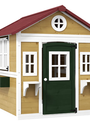 Wooden Playhouse for Kids Outdoor with Doors, Windows, Planter Pots and Boxes for Toddlers 3-8 Years, Beige