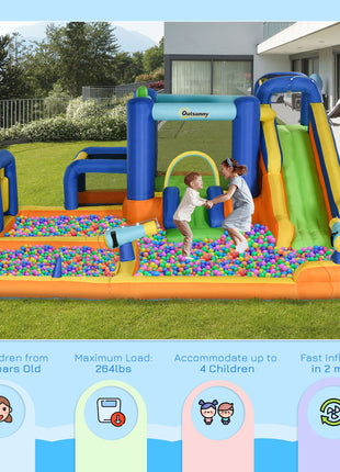 7 in 1 Water Slide w/ Slide Pool Climbing Wall Water Cannon Basketball Hoop Boxing Post Football Stand for 3-8 Years