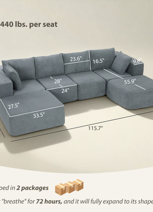 Modular Sectional Sofa, Boneless U-Shape Sectional Couch with 2 Ottomans, Dark Gray