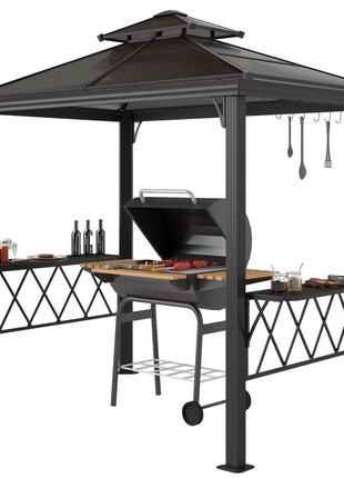 Outside Porch BBQ Cooking Pergola Canopy with 6 Hooks for Utensils and Double Venting Roof, Coffee