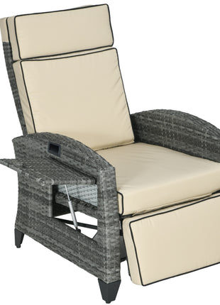 Outdoor Recliner Chair with Cushions, Reclining Patio Lounge Chair with Adjustable Footrest, Armrests, Tray Table, Khaki