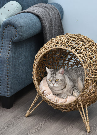 20.5" Weaved Cat Bed, Elevated Hand-woven Braided Banana Leaf Kitten House Condo with Cushion, Beige