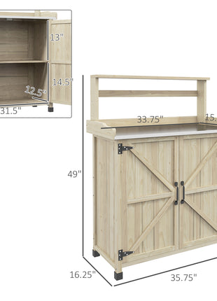 Outdoor Wooden Potting Bench with Storage Cabinet, Shelves, Galvanized Plated Tabletop for Backyard, Balcony, Natural