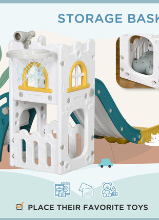 5 in 1 Toddler Slide with Basketball Hoop, Climber, Telescope & Storage Baskets for 1-3 Years Olds, Yellow