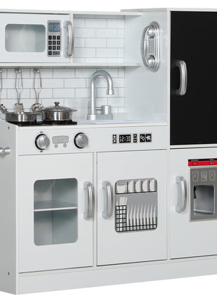 Pretend Play Kitchen, Kids Kitchen Playset with Play Phone, Chalkboard, Towel Rack & Ice Maker for 3-8 Years White