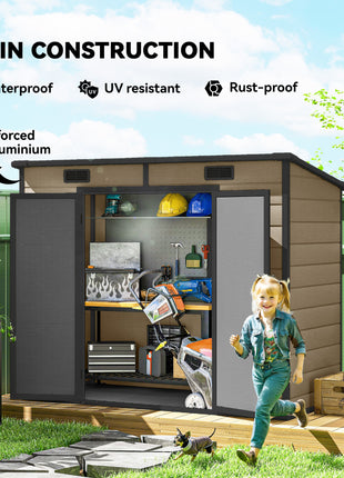 8' x 4' Plastic Outdoor Storage Shed with Floor, Window, Lockable Doors and Vents for Backyard Patio Lawn, Light Brown