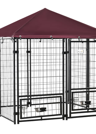Outdoor Dog Kennel with Rotating Bowl Holders, Pet Playpen with Waterproof Cover, 4.6' x 4.6' x 5', Red