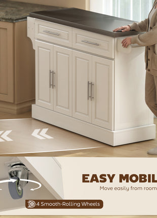 Rolling Kitchen Island with Stainless Steel Top, 2 Drawers, Spice, Knife and Towel Rack and Cabinets, Cream White