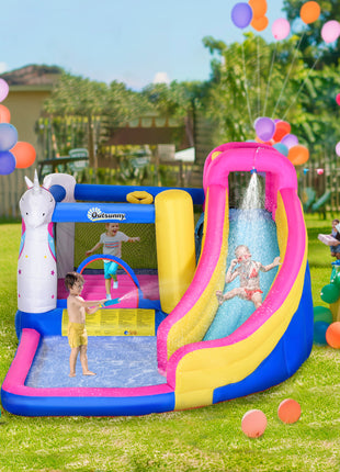 Inflatable Water Slide Bounce House with Trampoline, Climbing Wall, Water Cannon, Basketball Hoop, Splash Pool, 450W Blower, Unicorn Themed Bouncy House for Kids 3-8 Years Old