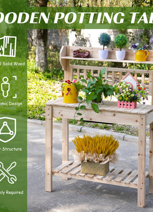 Outdoor Potting Bench Table, Wooden Workstation with Sliding Tabletop, Storage Shelf and Dry Sink, for Greenhouse, Garden, Patio, Natural