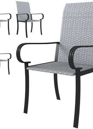 Set of 4 Outdoor Wicker Dining Chairs with Armrest, Steel Frame, High Back and Deep Seating, Gray