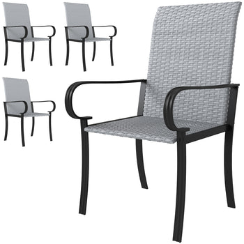 Set of 4 Outdoor Wicker Dining Chairs with Armrest, Steel Frame, High Back and Deep Seating, Gray