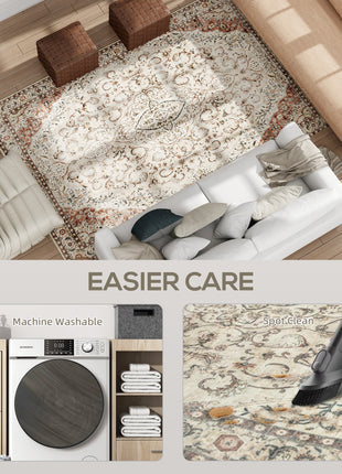 Area Rug 5x7, Machine Washable Rug, Non-Slip Classical Floral Print Floor Carpet for Living Room, Bedroom, Mixed-Brown