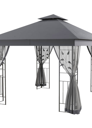 10' x 11.5' Metal Patio Gazebo, Double Roof Outdoor Gazebo Canopy Shelter w/Tree Motifs Corner Frame and Netting, Gray