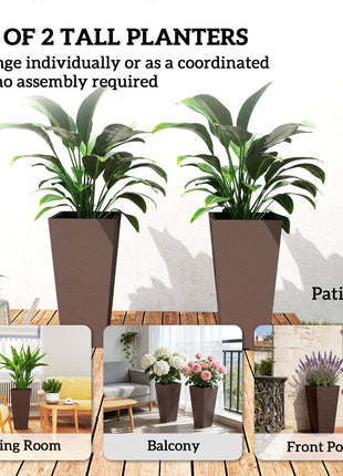23 Inch Tall Planters for Outdoor Plants, Set of 2 Plastic Flower Pots, for Front Door Patio Garden Use, Brown