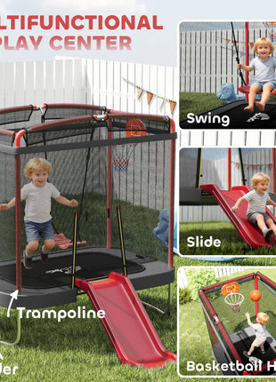 4 x 6FT Trampoline for Kids Indoor & Outdoor with Slide, Swing, Basketball Hoop and Safety Enclosure, Red