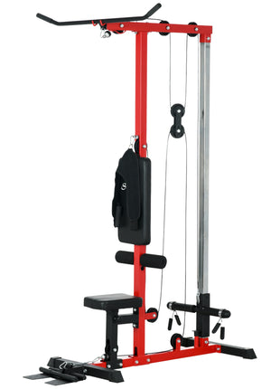 Lat Pull Down Machine, High / Low Pulley Machine with Adjustable Seat and Flip-Up Footplate, Red