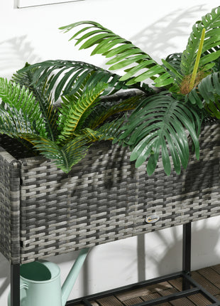 Raised Garden Bed, Elevated Planter Box with Rattan Wicker Look, Tool Storage Shelf, Portable Design for Herbs, Vegetables, Flowers, Gray