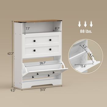 Shoe Cabinet with 2 Flip Drawers, Narrow Shoe Storage Cabinet, White