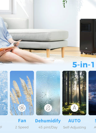8,000 BTU Moible Air Conditioner 345 Sq. Ft., Dehumidifier Fan Auto Sleep with 24H Timer On/Off, Window Kit, Black