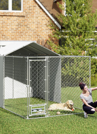 Galvanized Chain Link Large Outdoor Dog Kennel with Waterproof & UV-Resistant Cover, for M&L Dogs, 13.1' x 7.5' x 7.5'