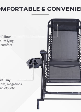 Outdoor Rocking Chairs, Foldable Reclining Zero Gravity Lounge Rocker with Pillow, Cup & Phone Holder, Combo Design with Folding Legs, Black