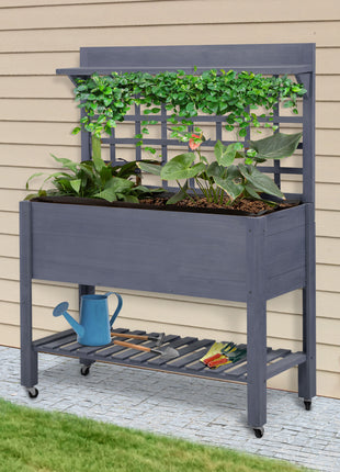 41" Raised Garden Bed Mobile Elevated Wooden Planter Box Stand with Wheels, Trellis and Storage Shelf, Gray