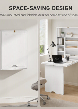Wall Mounted Fold Out Convertible Desk, Multi-Function Floating Desk with Storage Shelf for Home Office, White