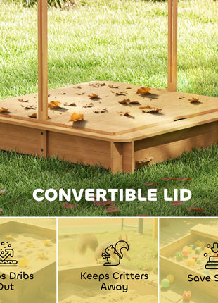 Wooden Kids Sandbox with Cover, Children Outdoor Sand Box with Foldable Bench Seats and Adjustable Canopy