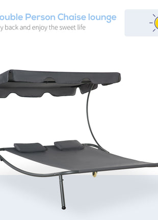 Patio Double Chaise Lounge Chair, Outdoor Wheeled Hammock Daybed with Adjustable Canopy and Pillow for Sun Room, Garden, or Poolside, Grey