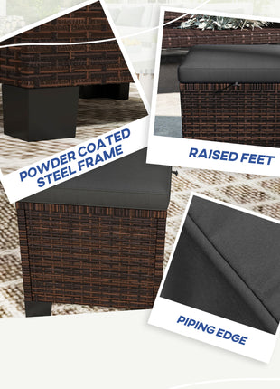 2 Piece Wicker Outdoor Ottomans with Cushions, Rattan Ottoman Footrest and Side Table for Patio, Yard, Poolside, Gray