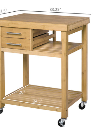 Bamboo Kitchen Island Cart on Wheels, Utility Trolley Cart with 2 Storage Drawers and Open Shelves, Bamboo Tone