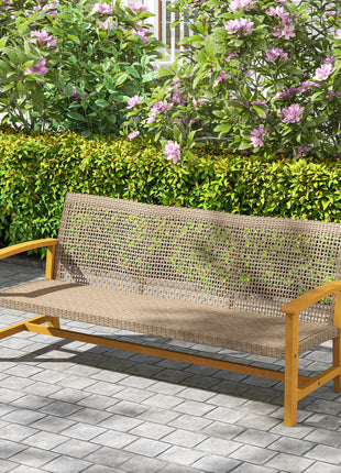 3-Seat Wicker Outdoor Couch Patio Sofa, Acacia Wood Patio Furniture with Steel Seat Armrests, 1000 LBS Capacity, Teak