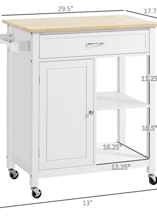 Kitchen Island Cart, Rolling Kitchen Island with Storage Shelf, Solid Wood Top, Drawer, for Dining Room, White