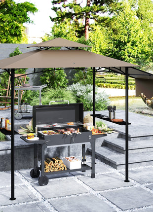 8' x 5' Outdoor Grill Gazebo, Barbecue Gazebo Shelter with Side Awning, 2 Side Shelves and 6 Hooks, Brown