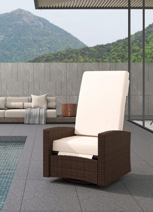 Outdoor Wicker Swivel Recliner Chair, Lifting Footrest, 360° Rotating Basic, Water-resistant Cushions, Cream White
