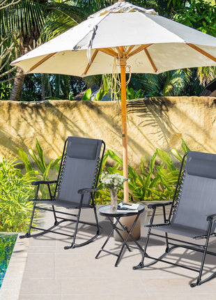 Outdoor Folding Rocking Chair Patio Table Seating Set, 2 Rocking Chairs with Armrests and 1 Side Table with Tempered Glass - Gray
