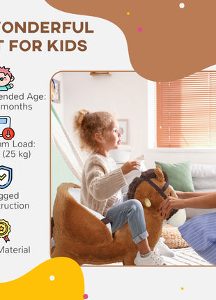 Baby Rocking Horse, Kids Ride-on with Sound, Wooden Base & Safety Belt for Ages 18-36 Months, Brown