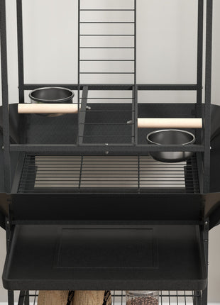 Bird Stand with Wheels, Perches, Stainless Steel Feed Bowls, Pull-Out Tray for Indoor Outdoor Small Parrot, Dark Gray