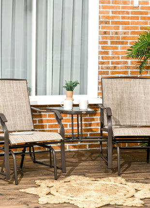 Outdoor Glider Chairs with Coffee Table, Patio 2-Seat Rocking Chair Swing Loveseat with Breathable Sling for Backyard, Garden, and Porch, Light Brown