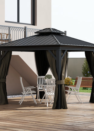 10' x 10' Hardtop Gazebo, Pavilion Gazebo with Curtains, Nettings, Aluminum Frame, Hooks, for Garden, Patio, Dark Brown