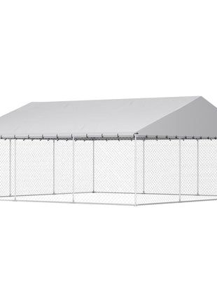 Heavy Duty Outdoor Dog Kennel with Waterproof Roof, Secure Latch, Chain Link Dog Run for Backyard, 19.7' x 19.7' x 8.9'