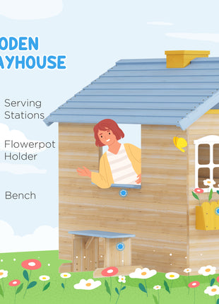 Wooden Playhouse for Kids Outdoor Garden with Working Door, Windows, Bench, Service Station, Flowers Pot Holder, Blue