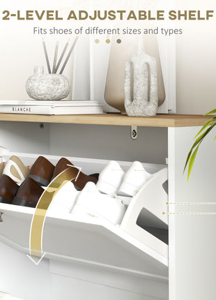 Slim Shoe Storage Cabinet, Modern Shoe Cabinet with 2 Flip Drawers and Adjustable Shelves for 8-12 Pairs, White